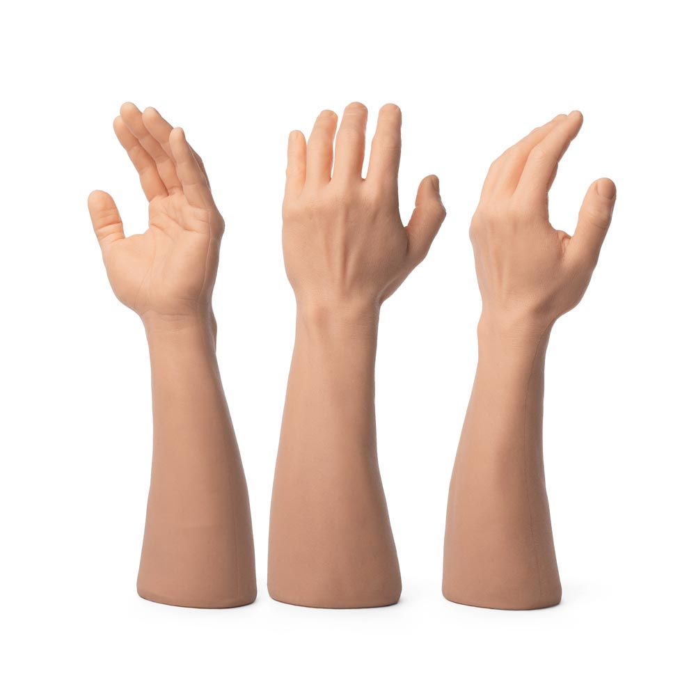 Three point view of upright APOF Fitzpatrick tone 2 left arm on white background