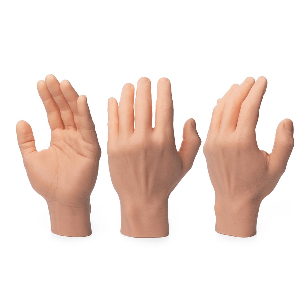 Multi-view of A Pound of Flesh Silicone Synthetic Left Hand with Wrist in Fitzpatrick Tone 3 upright on white background