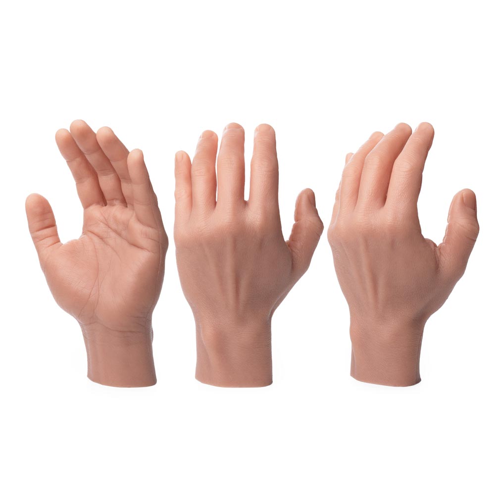 Multi-view A Pound of Flesh Silicone Synthetic Left Hand with Wrist in Fitzpatrick Tone 3 upright on white background