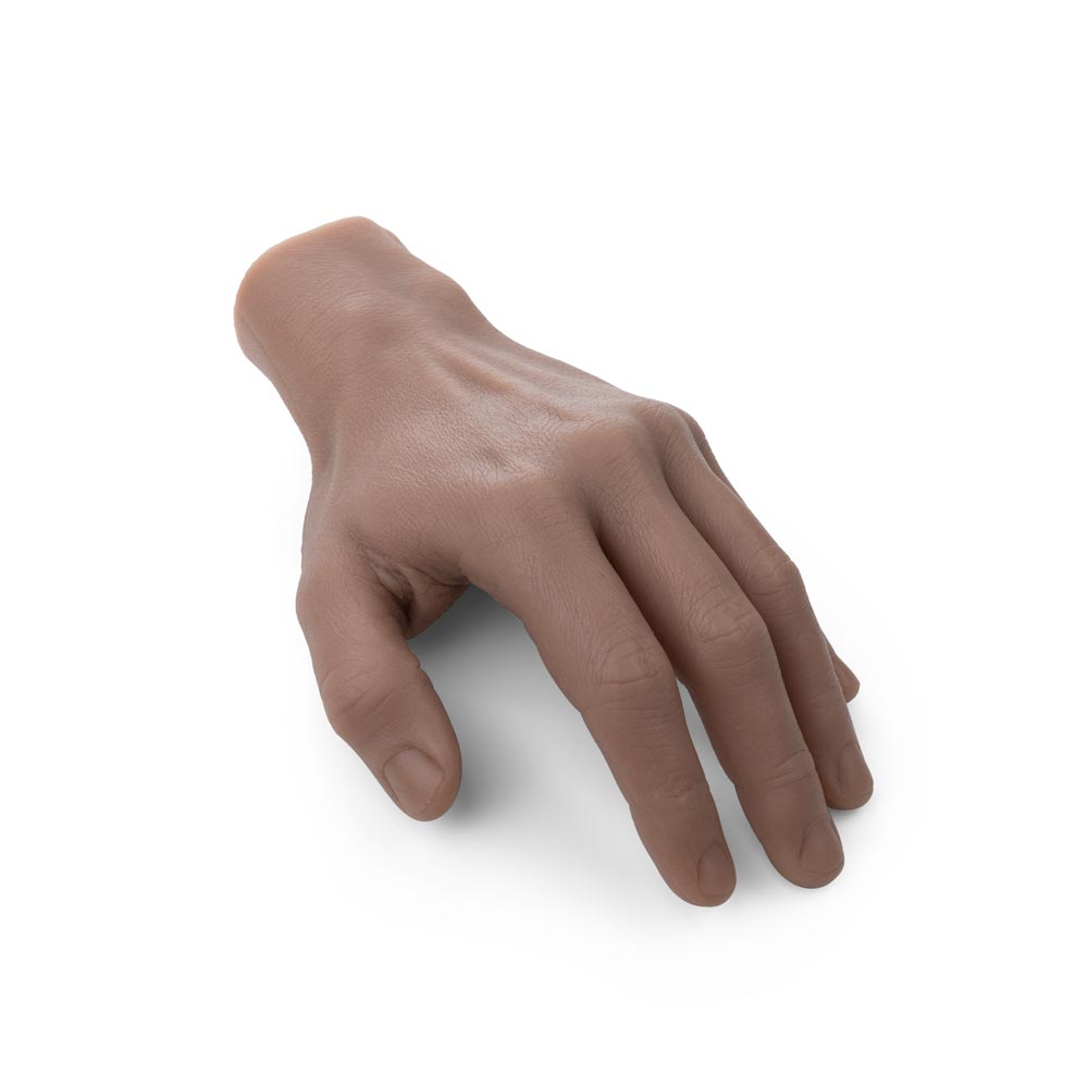 A Pound of Flesh Silicone Synthetic Left Hand with Wrist in Fitzpatrick Tone 4 angled downward on white background, full view