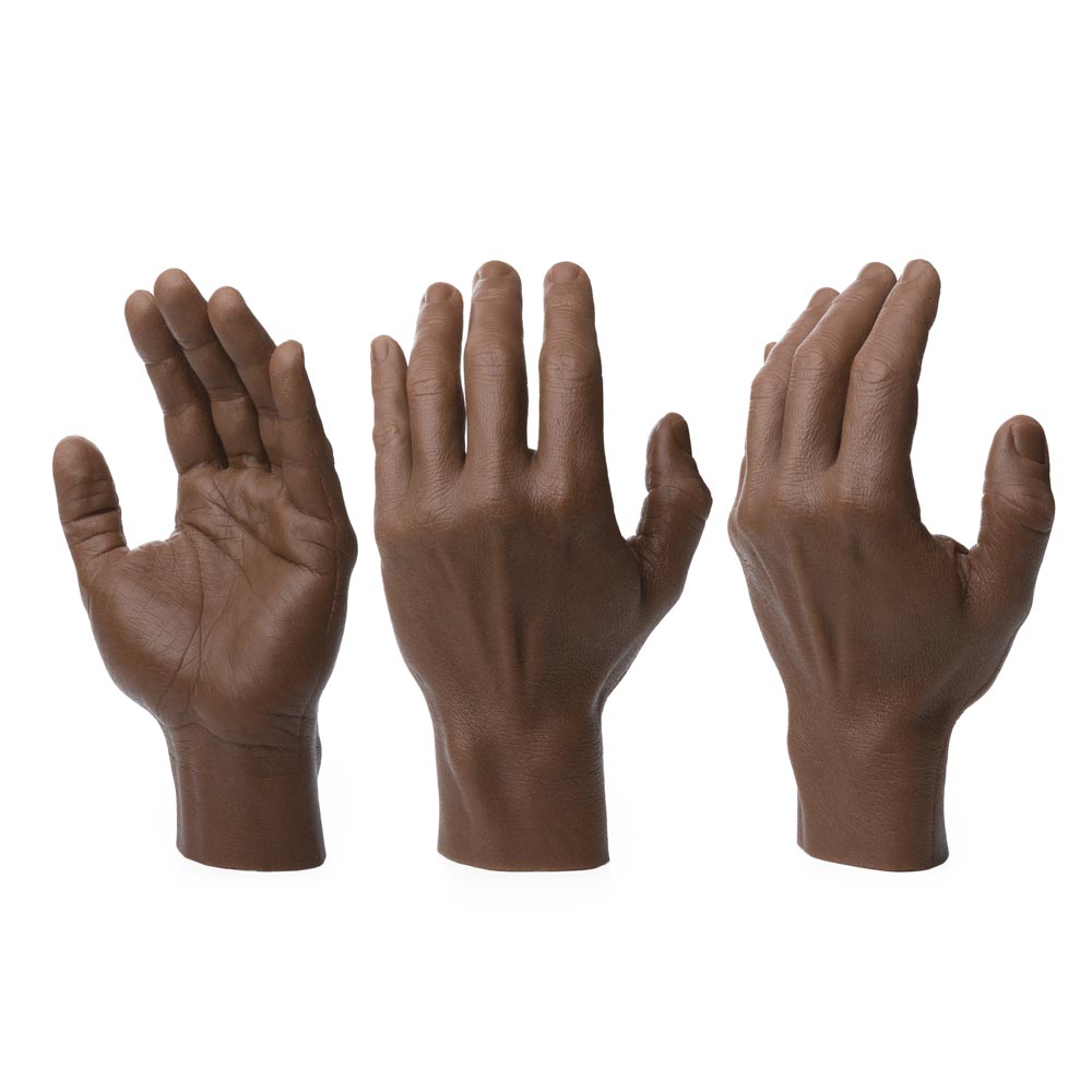 Multi-view of A Pound of Flesh Silicone Synthetic Left Hand with Wrist in Fitzpatrick Tone 5 upright on white background