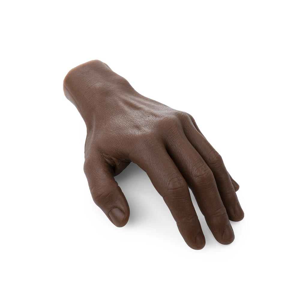 A Pound of Flesh Silicone Synthetic Left Hand with Wrist in Fitzpatrick Tone 5 angled downward on white background, full size