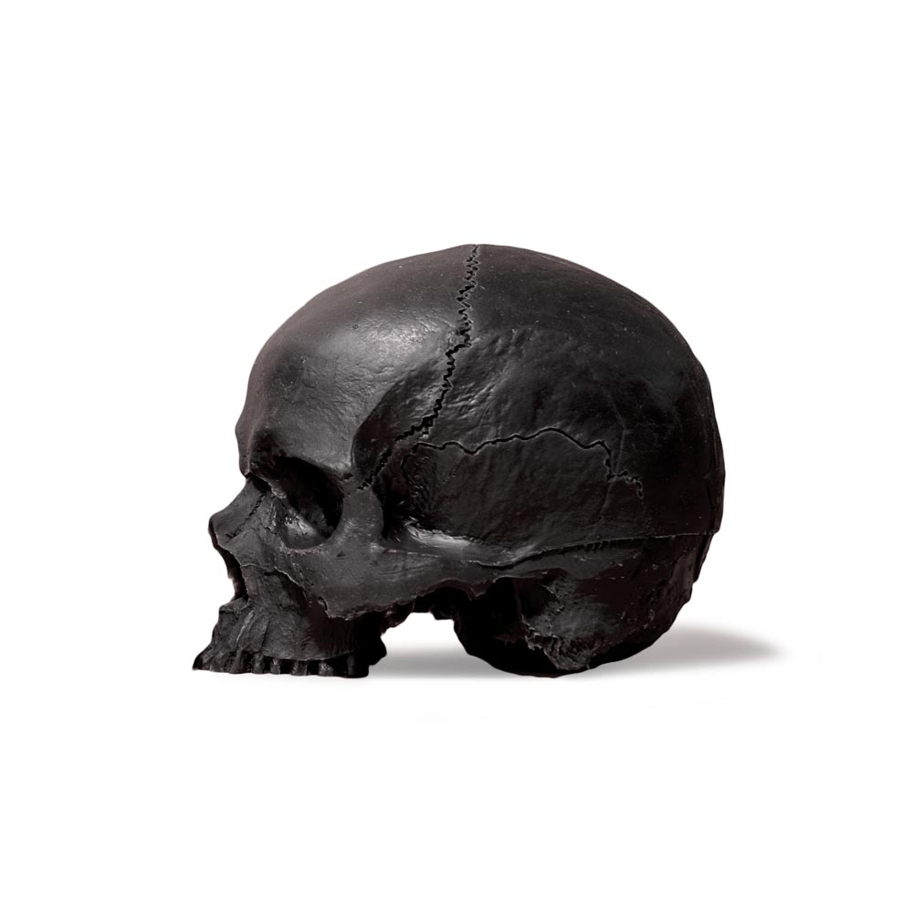 Limited Edition Black APOF Yorick Skull on white background, profile