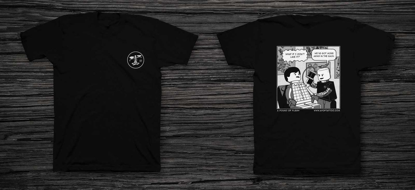 A Pound of Flesh Lego Man Black Unisex Tee (both sides)